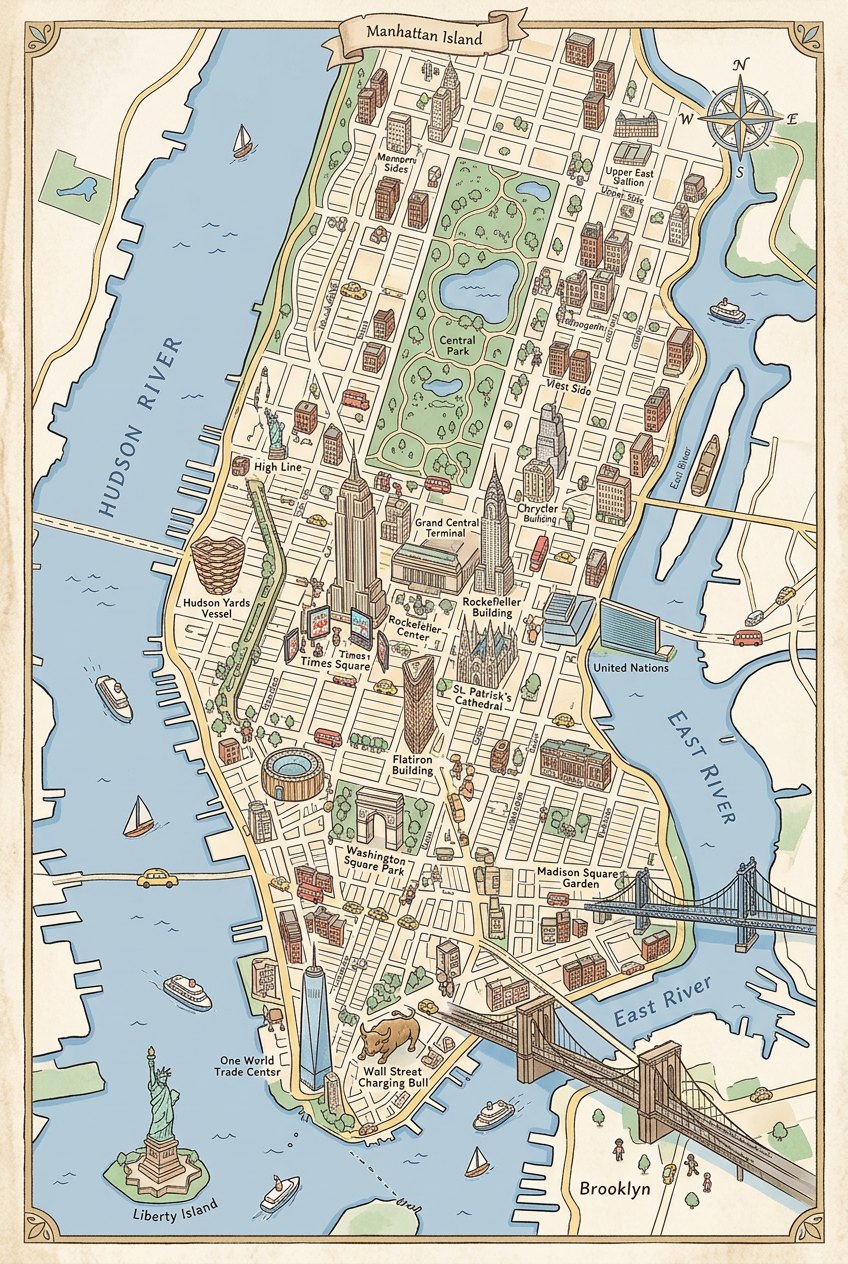 Illustrated manga-style vertical map of Manhattan